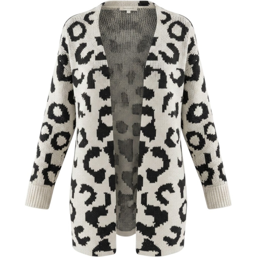Escio Leopard Print Cardigan Womens Medium Cream Black Excellent Open Front Knit